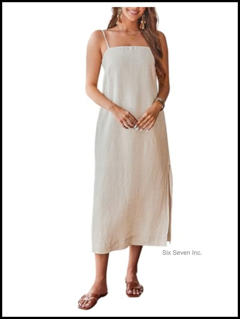 100% Linen Midi Dress Square Neck Sleeveless Spaghetti Strap